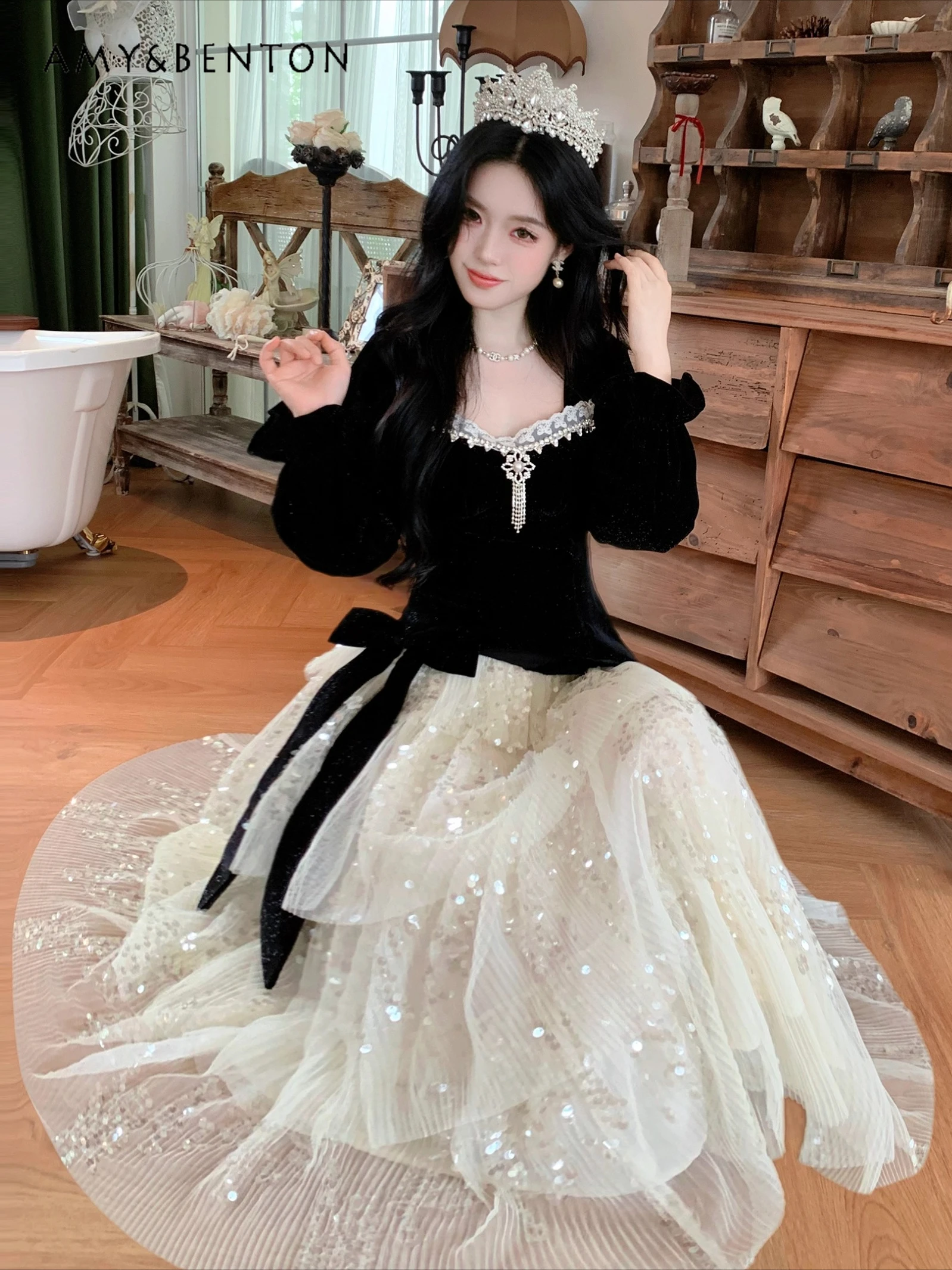 

Elegant Princess Evening Dresses Autumn Winter New High-end Heavy Beading Sequin Mesh Splicing Velvet OP Long Dress for Women