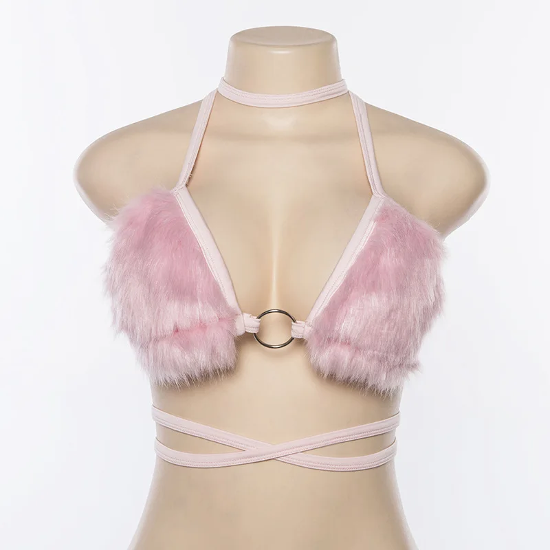 Women Faux Fur Bikini Top Sexy Lace-up Triangles Deep V Bikini Bra Top Halter Backless Cami Club Patchwork Camisole