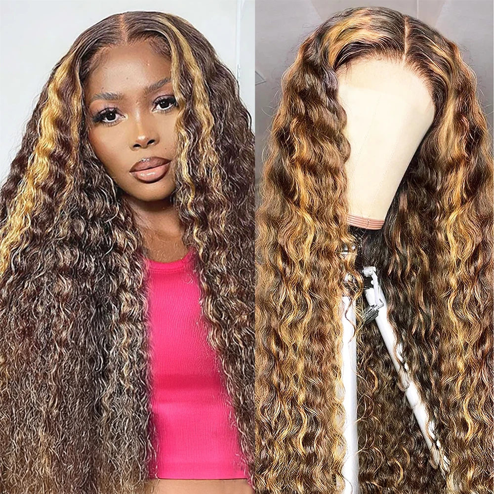 

Snwprin 4/27 Highlight Ombre Curly Wigs Human Hair Pre Plucked 7x5 Lace Closure Glueless Wigs Human Hair Deep Wave Ready To Wear