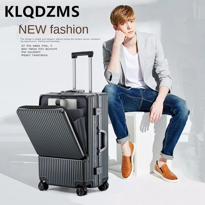 Klqdzms กระเป๋าเดินทางขึ้นเครื่องสำหรับแล็ปท็อปเปิดด้านหน้าขนาด20 "22" 24 "26นิ้วเคสแบบมีล้อลากโครงสร้างอะลูมิเนียมกระเป๋าชาร์จ USB