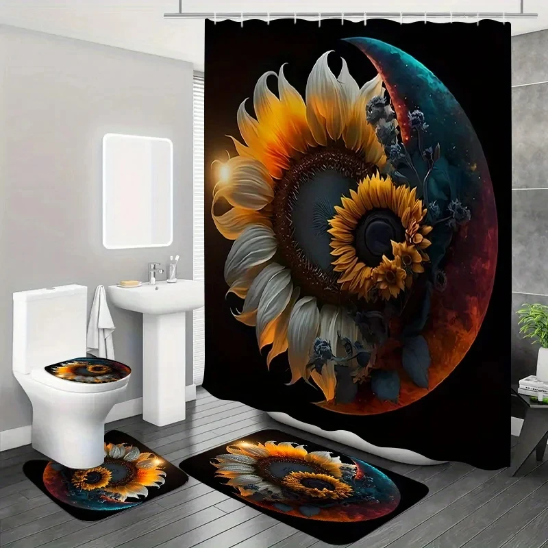 4pcs Space Moon Sunflower Shower Curtain Set with 12 Hooks - Vibrant Polyester Design, Black Background with Golden Sunflowe