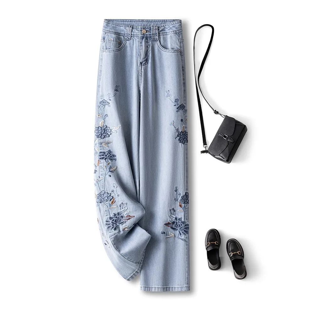 Wide Leg Pants Mom Jeans Women Embroidery Y2k Denim Vintage High Waist Distressed Straight Trousers Autumn Winter Streetwear