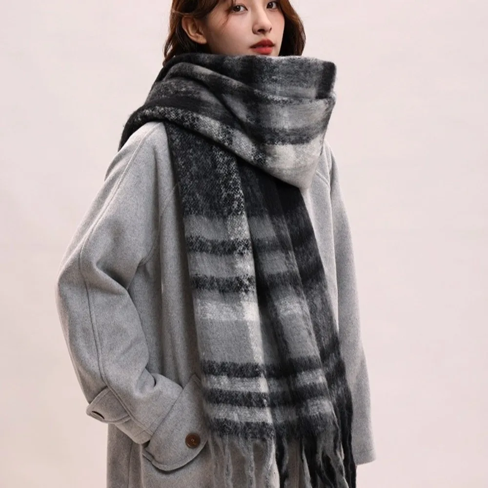 

Fashion Mohair Plaid Wool Scarf Tassel Thicken Winter Cashmere Scarves Plush Korean Style Long Shawl Women/Men