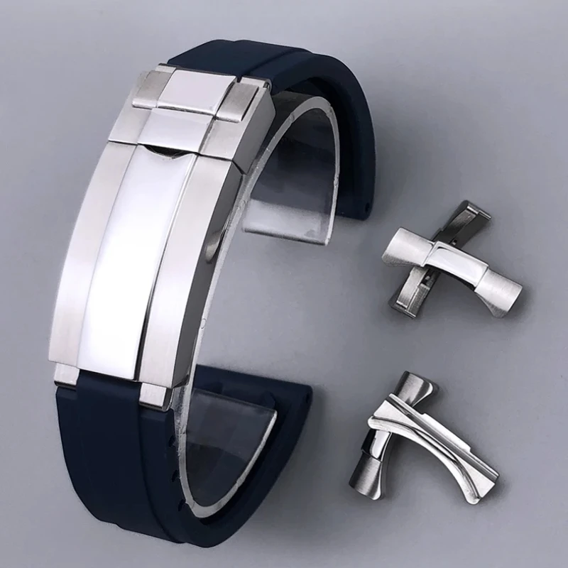 

21mm Metal Link Rubber Silicone Watchband for Rolex Datejust 41mm 126300 m 126334 Oyster Series Black Blue Watch Strap
