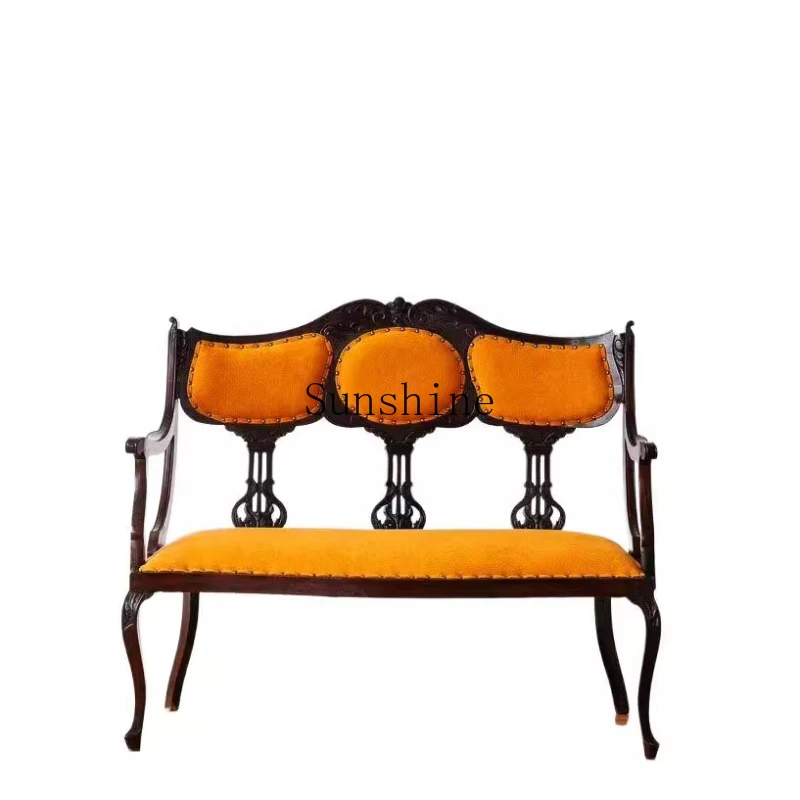 

Furniture antique solid wood double sofa chair retro nostalgic flannel living room cafe carving leisure