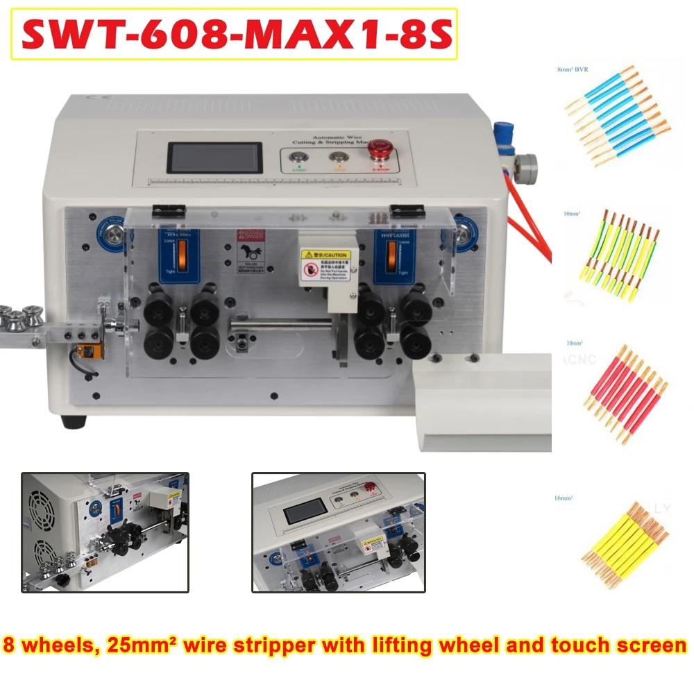 

Computer Automatic Wire Stripping Machine 8 Wheels Peeling Cutting Stripper SWT-608-MAX1-8S for Cable 0.3 to 25mm2 Touch Screen