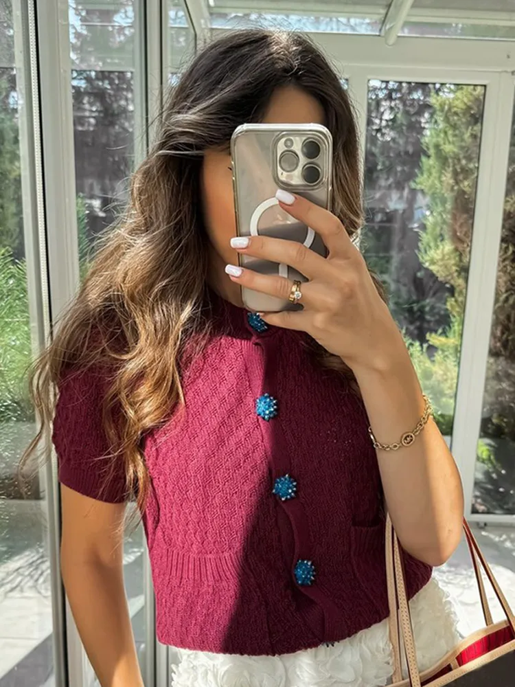 Women Burgundy Red Short Sleeve Knitted Cardigan O Neck Pocket Blue Snowflake Button Sweater Early Autumn Causal Chic Streetwear