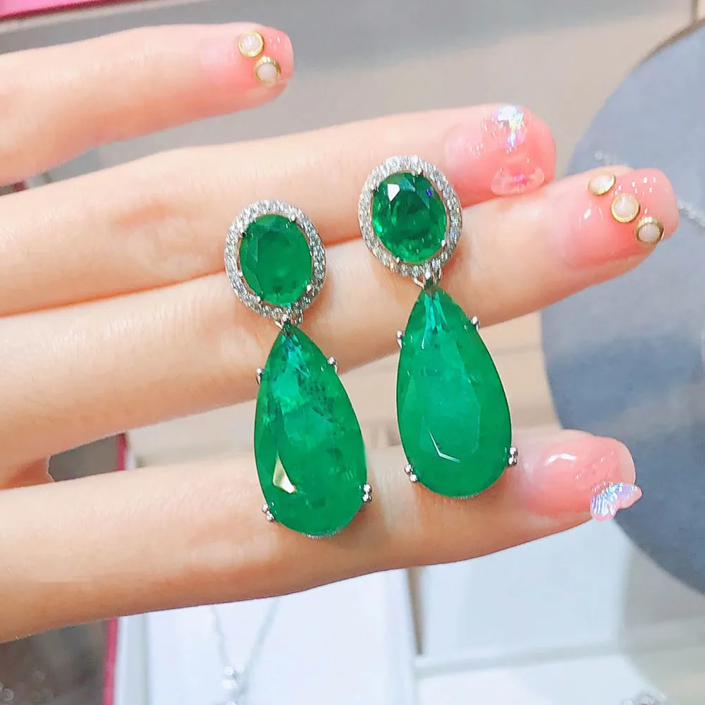 Silver Color Charms Big Drop Earrings for Women Vintage Paraiba Tourmaline Emerald Gemstone Wedding Earrings Fine Jewelry Gift