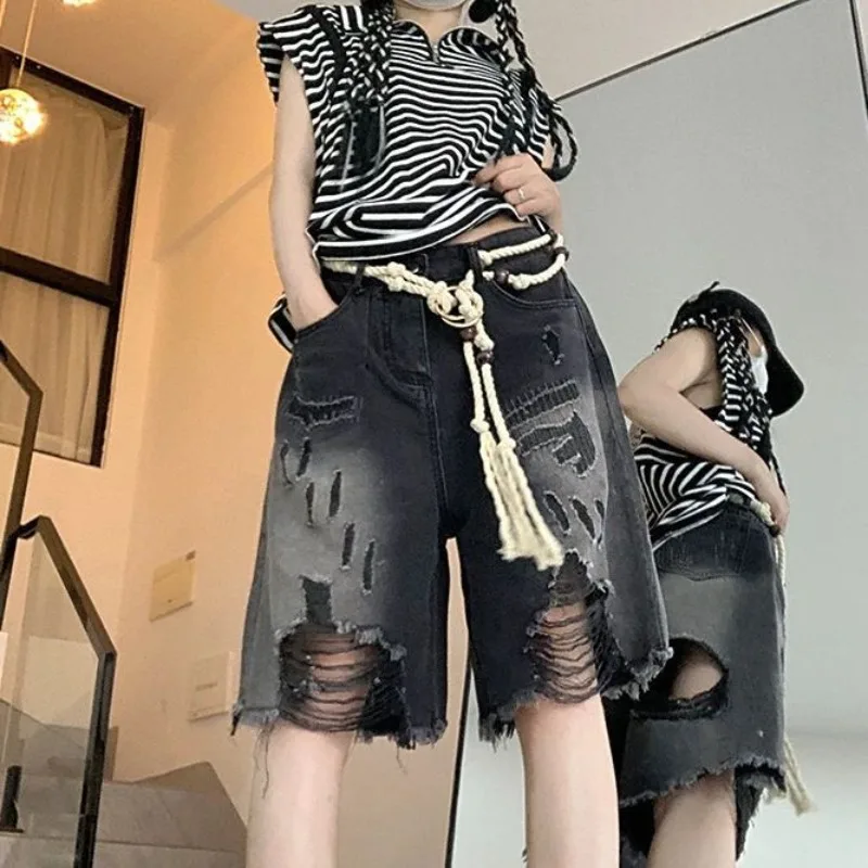 

Autumn New High Street Jeans Denim Shorts Female Hip Hop Design Rough Edge Holes Black Gray Five Points Baggy Jeans