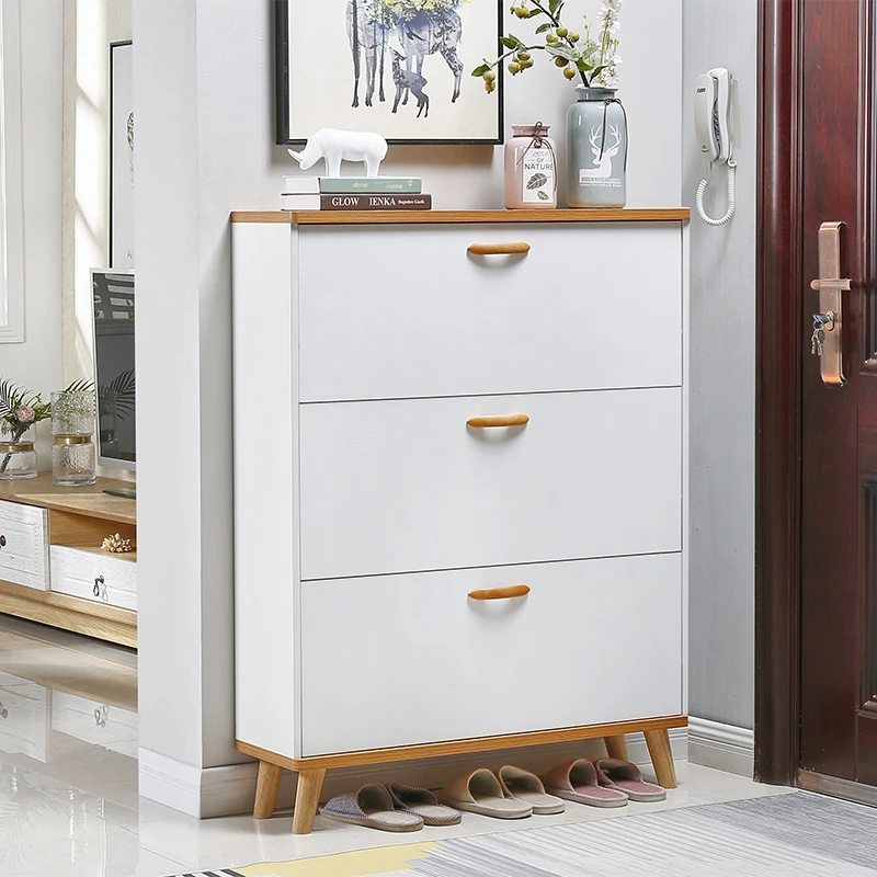 Nordic ultra-thin shoe cabinet home entrance tipping bucket entrance cabinet integrated solid wood leg shoe rack