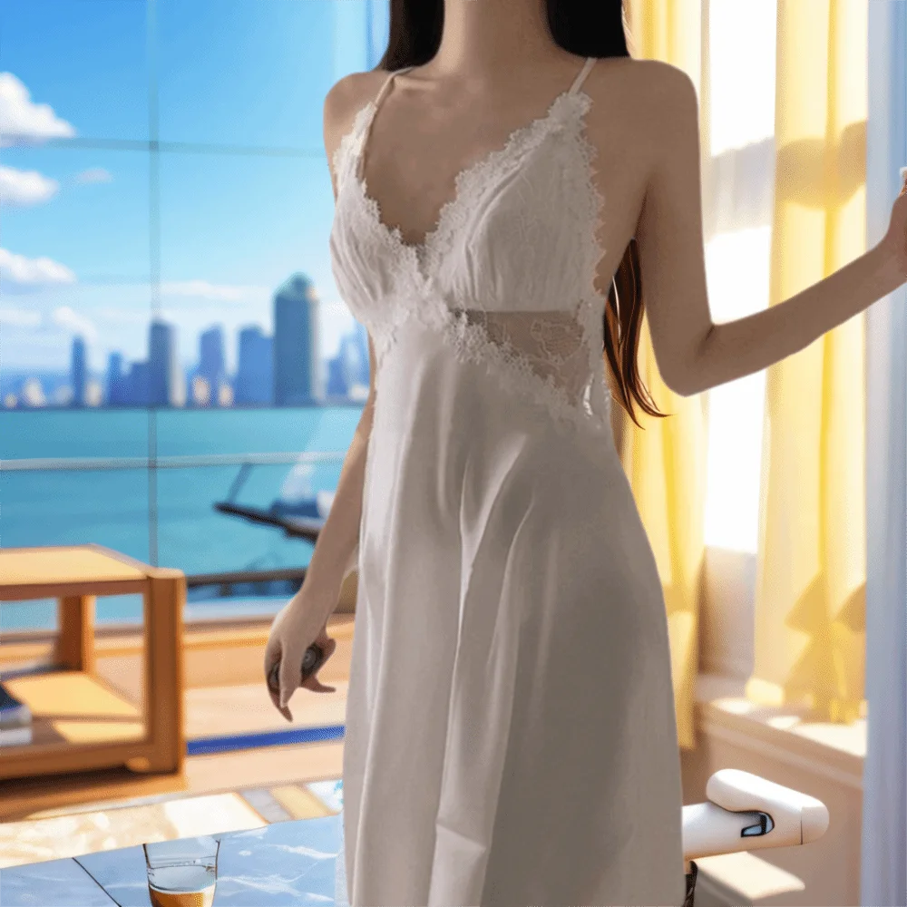 

Женская сексуальная ночная рубашка, кружевное пижамное платье, пикантное платье для девочек с подкладкой, ночная рубашка из ледяного шелка на подтяжках, ночная рубашка без рукавов с v-образным вырезом