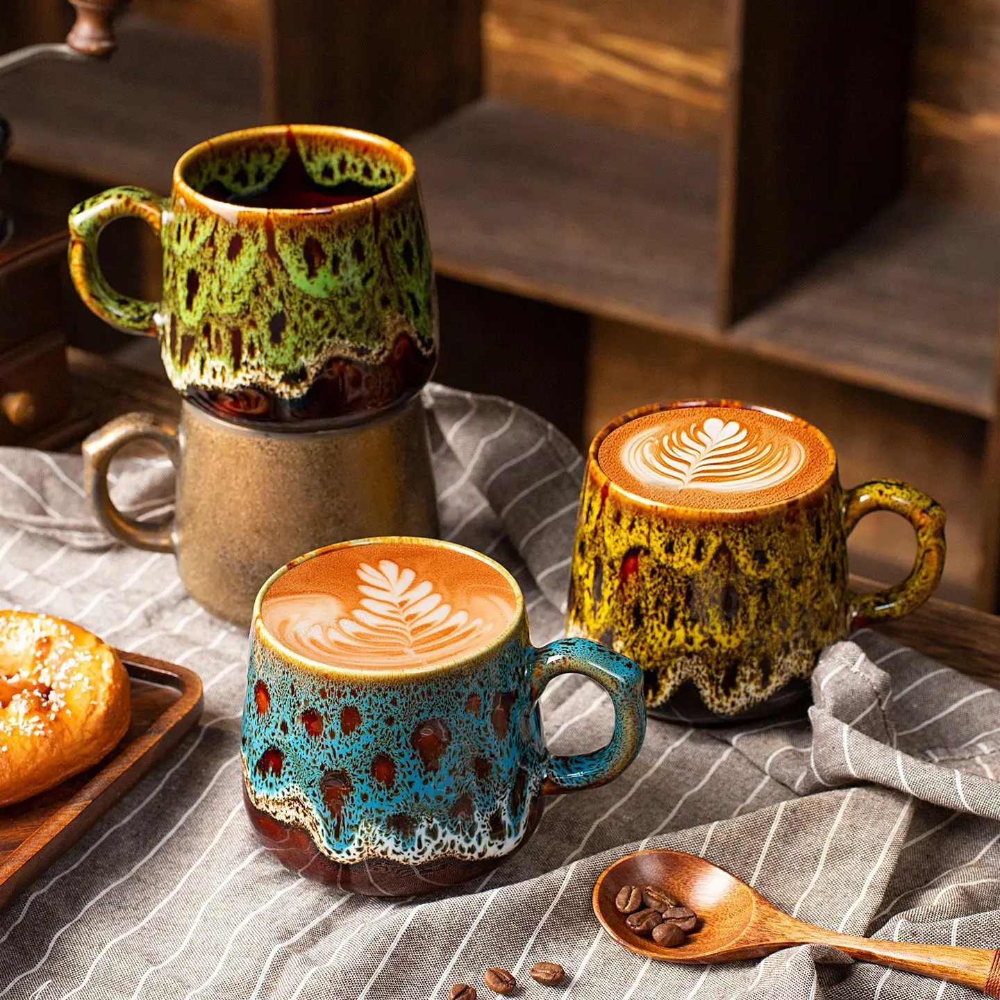 Kiln-turned ceramic for homeretro coffee cup couple cup high-looking hanging ear latte art cup