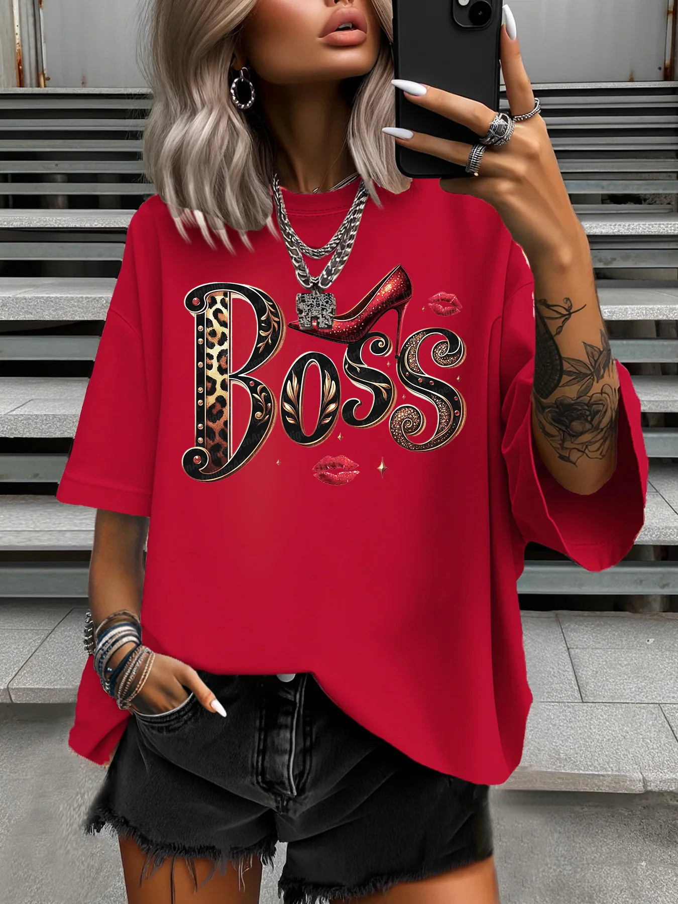 Verão feminino plus size camiseta design original moda carta lábio vermelho impresso feminino casual macio tripulação pescoço manga curta topos