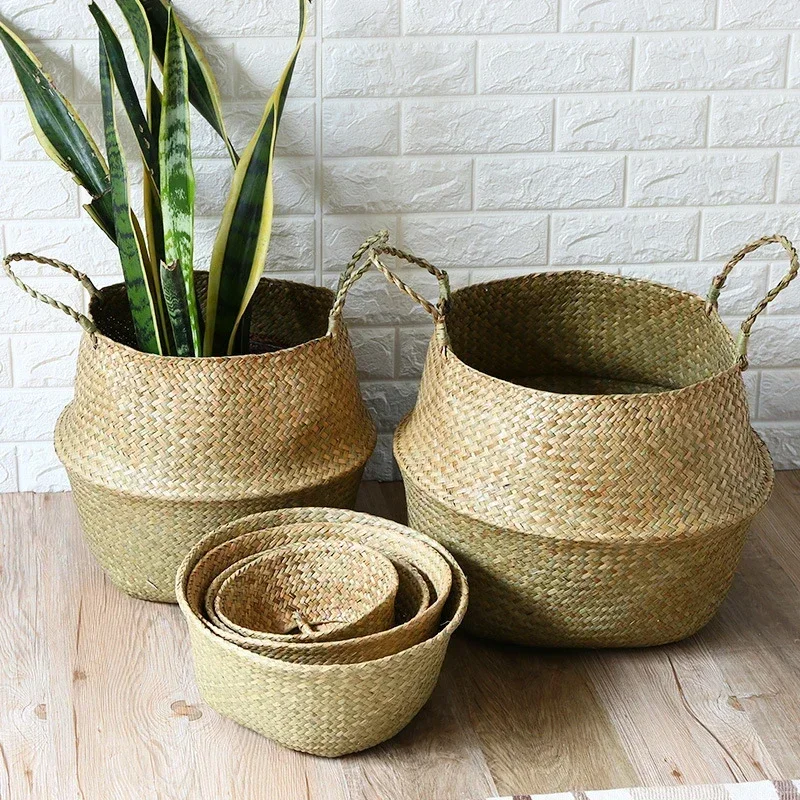Seagrass Wicker Woven Storage Basket Planting Flower Pot Folding Organizer Laundry Basket Home Garden Belly Mimbre Basket - Image 5