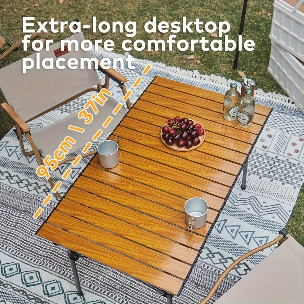 Outdoor Camping Picnic Table with Wood Grain Pattern, Portable Folding Table, Portable Rolling Up Camping Barbecue Table