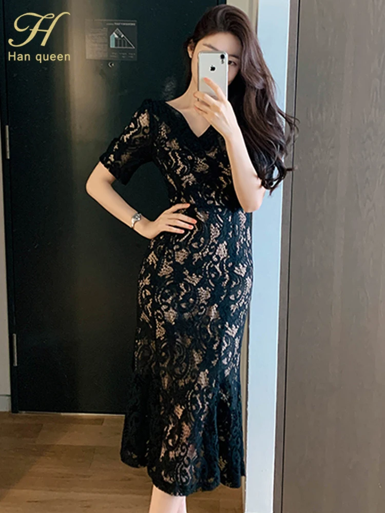 H Han Queen Hot Sale Elegant V-Neck Office Mermaid Dress Women Sheath Lace Dresses Simple Mid-Claf Work Party Bodycon Vestidos