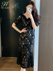 H Han Queen Hot Sale Elegant V-Neck Office Mermaid Dress Women Sheath Lace Dresses Simple Mid-Claf Work Party Bodycon Vestidos