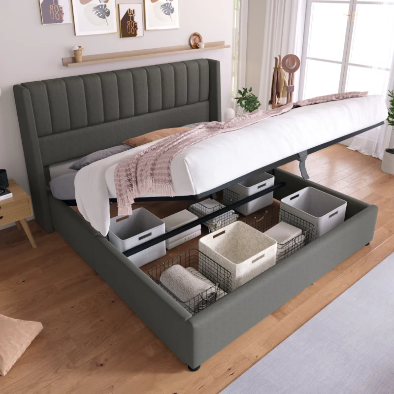Lit Coffre 160x200 cm - Lit Double Capitonné avec Sommier - Design Moderne - Gris