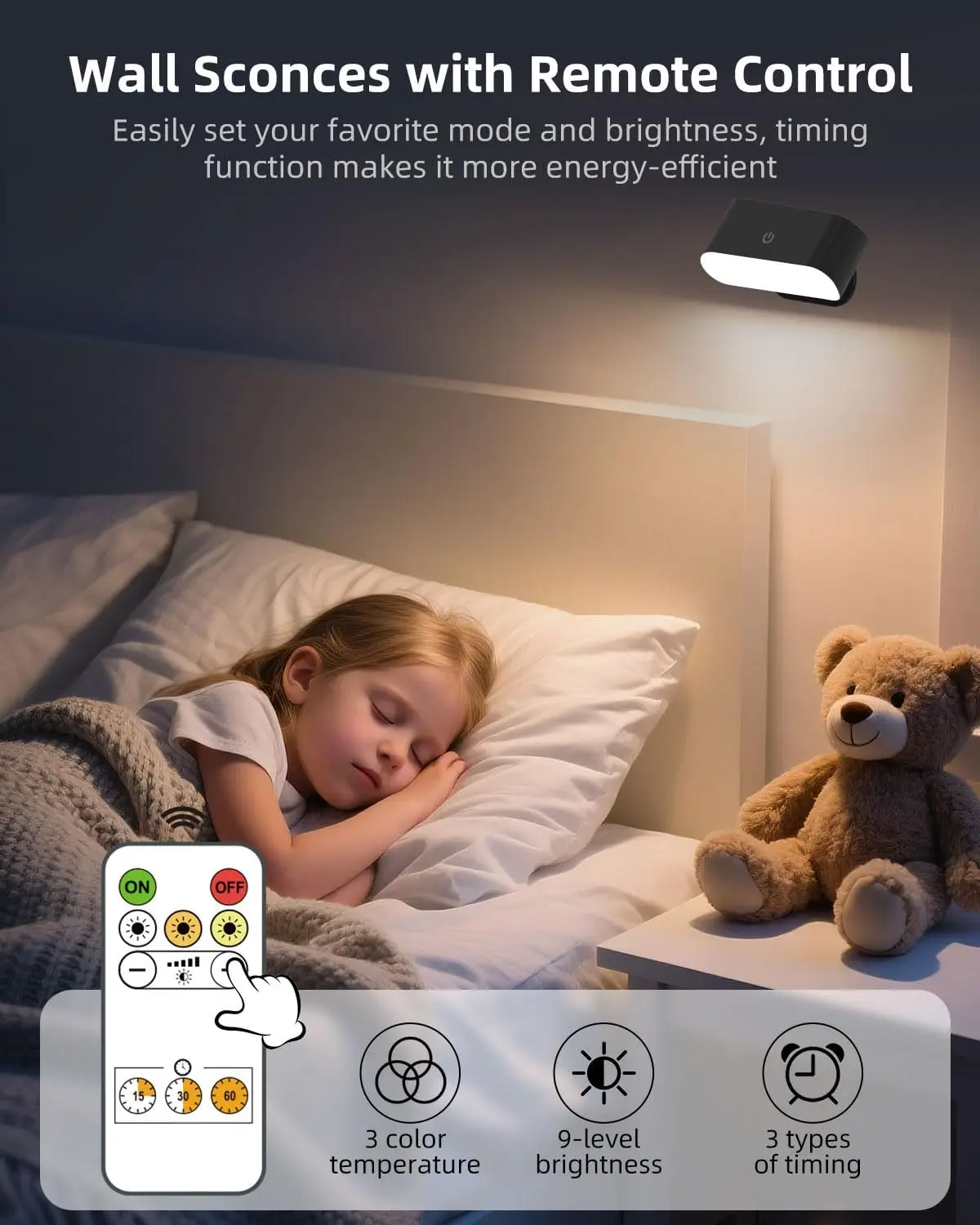 2 مصابيح حائط مغناطيسية LED أضواء ذكية USB ضوء ليلي قابل لإعادة الشحن مع جهاز تحكم عن بعد 3 أوضاع قراءة لغرفة النوم بجانب السرير