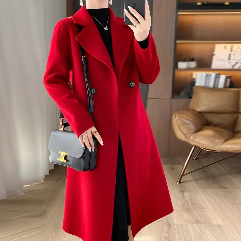 2025 New Winter Green Woolen Coat Lapel Long Sleeves Double Breasted Loose Overcoat With Belt Office Lady Fashion