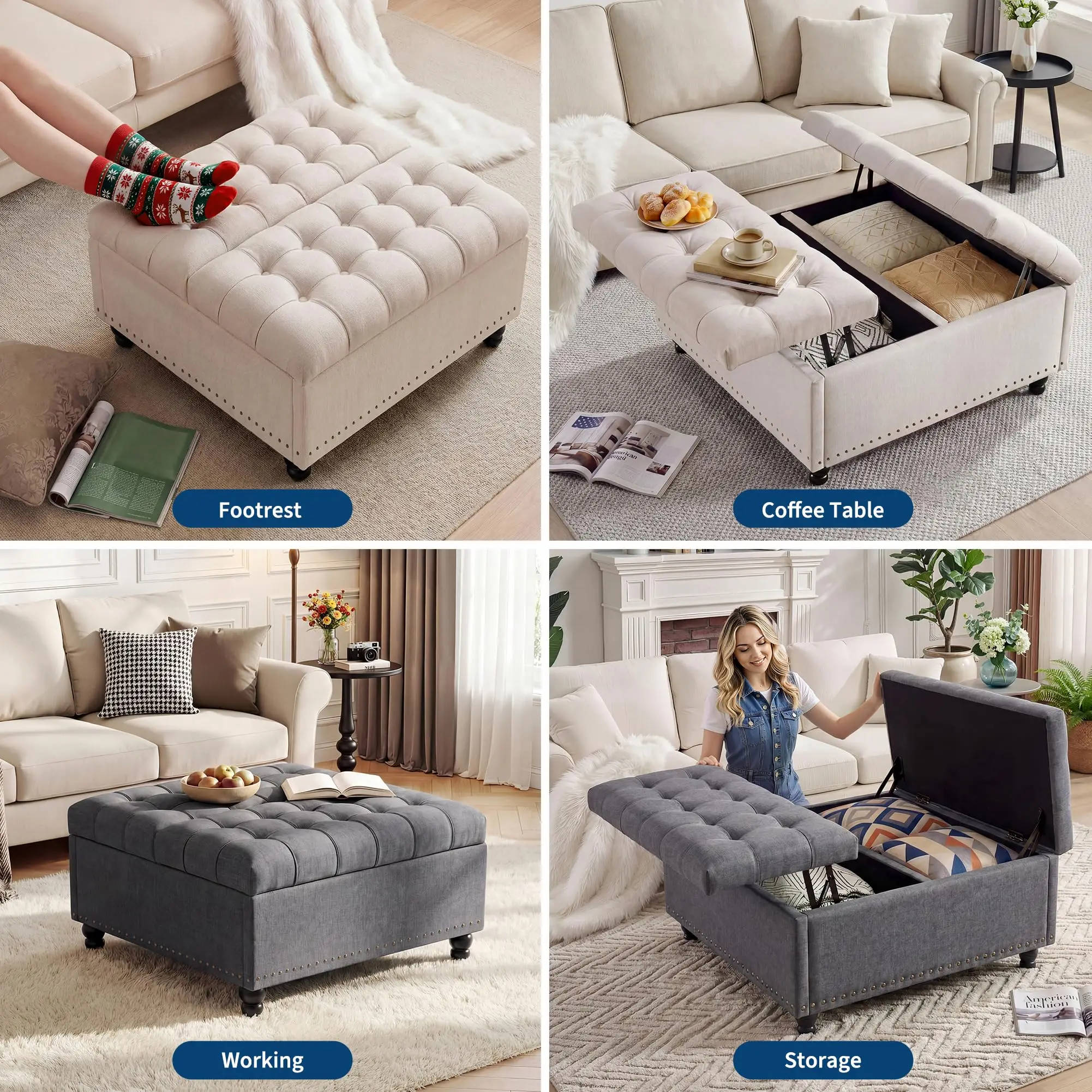 36 Inch Square Lift Top Storage Ottoman, Upholstered Ottoman Bench with 169L Large Hidden Storage Space, Tufted Padded Seat with Wood Legs, Multi-Functional Footrest Coffee Table or Extra Seating, 300 image 5