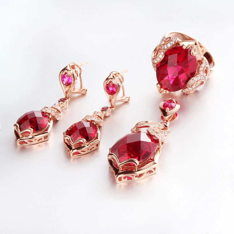 585 purple gold inlaid rubies luxury court style set jewelry exquisite wedding 14k rose gold earings necklaces rings