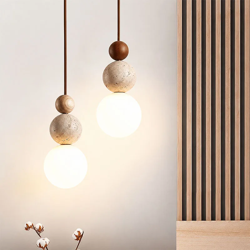 Natural Yellow Travertine Pendant Wabi Sabi Stone&Wood Chandelier Cream Style Pendant Lamp Bedroom Bedside Corridor Decor Lights