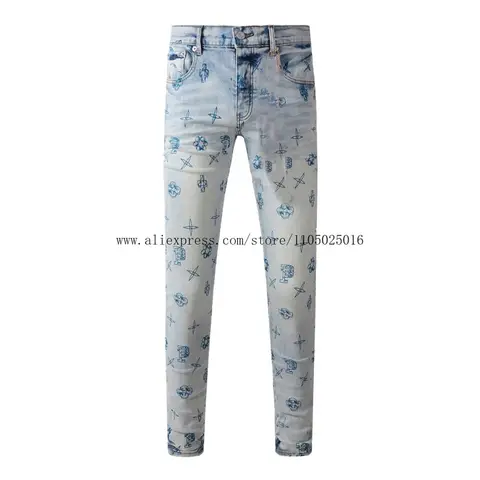 High Street American Distressed Men's Jeans Fashion Brand Coated Blank Stretch Skinny Button Fly Ripped Pants Trousers