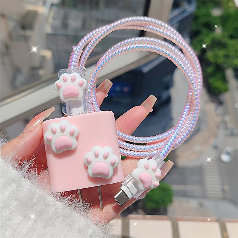 3D Cute Pink Cat Paw Silicone Charging Cable Protector Case For iPhone 16 15 11 14 Pro Max 20W 18W Charger Head Protective Cover