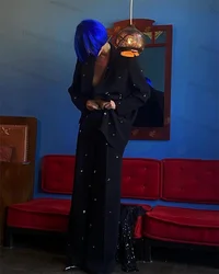 2 Pieces Black Women Suits Pants Set Long Blazer+Trousers Formal Wedding Tuxedo Prom Jacket Tailored Colorful Crystal Coat