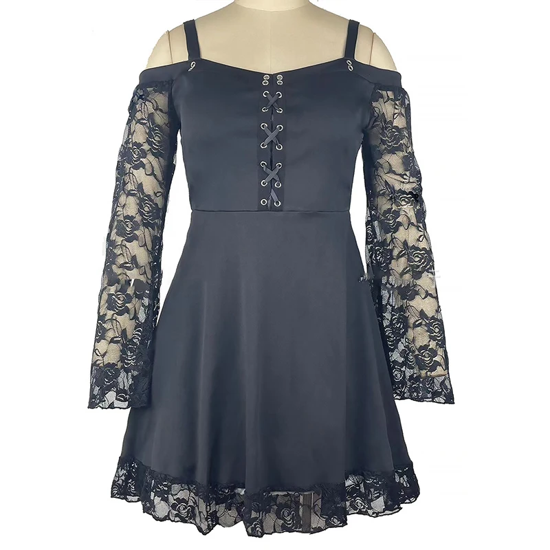 Women's Summer Gothic Mini Dress Large Size Sexy Off Shoulder Lace Bodycon Dresses Flared Sleeve Bandage Party Plus Size Vestido