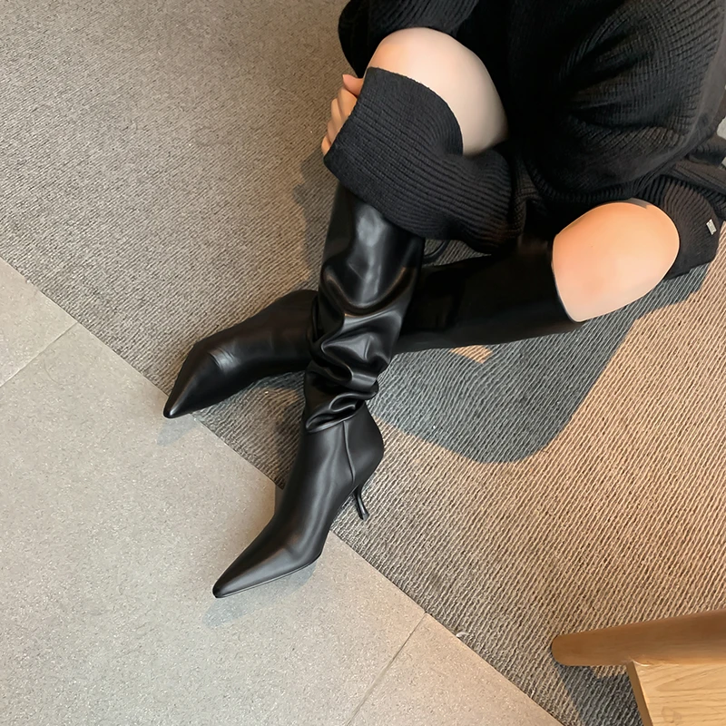 

2023 new Autumn Women knee high boots natural leather 22-25cm cowhide+pigskin modern boots pointed toe Retro Elastic boots