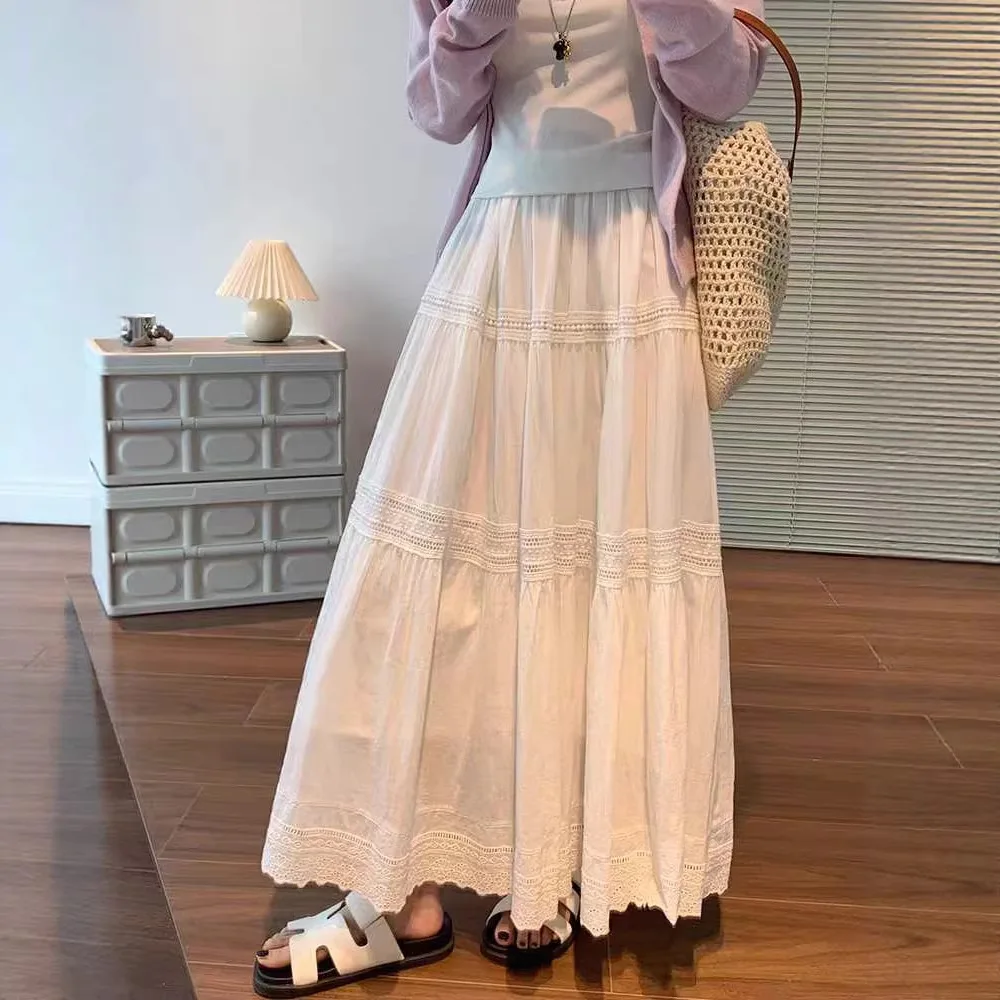 Women's White Tiered Midi Skirt, Elastic High Waist Hollow Lace Panel Scalloped Hem Flowy A-Line Long Skirt