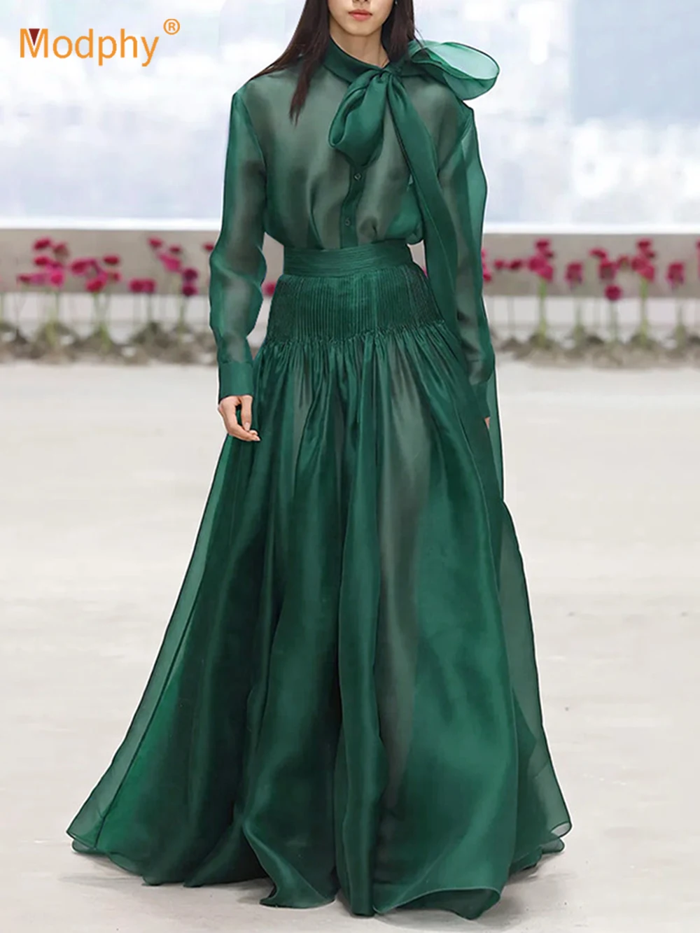 

Modphy Elegant Solid Temperament Two-Piece Set 2025 Summer New Bow Design Shirt Top+High Waisted Skirt Set Female Outfit