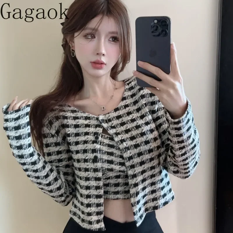 Gagaok Two Piece Set Pure Desire Sweet Spicy Girl Strapless Top Women Autumn Checkered Cardigan Paired Suspender Vest