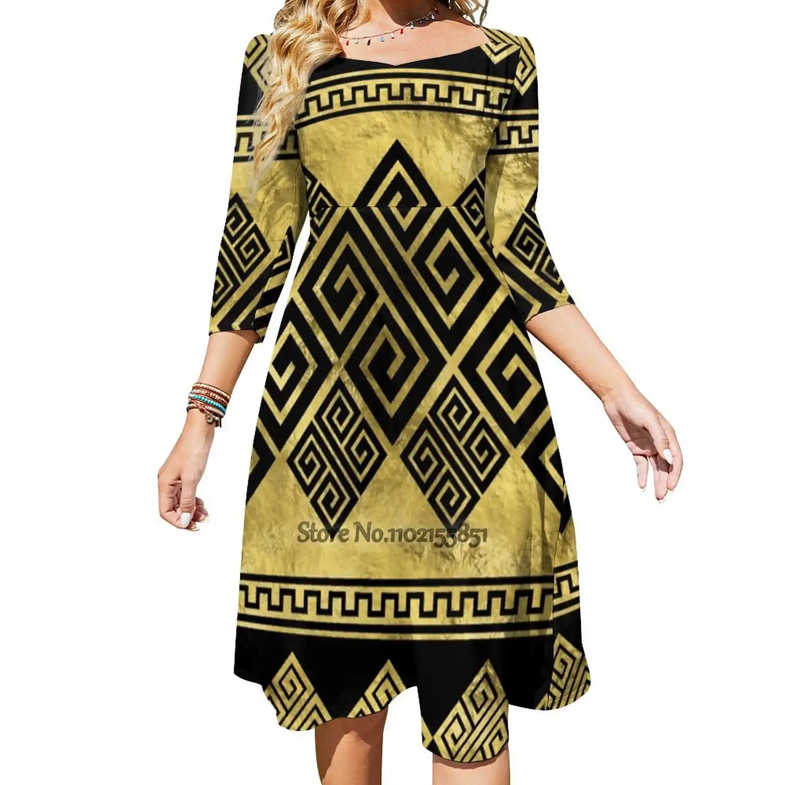 Greek Meander - Greek Key Black And Gold Back Lacing Backless Dress Square Neck Dress Evening Party Dresses Midi Sexy Dress