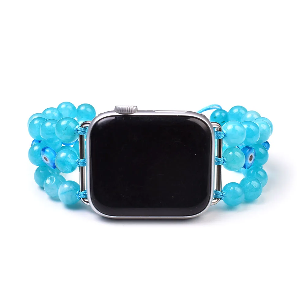 Light Blue Stone and Evil Eyes Beaded Apple Watch Band 38mm 40mm 41mm 42mm 44mm 45mm Apple Watch Strap Women Iwatch Armband