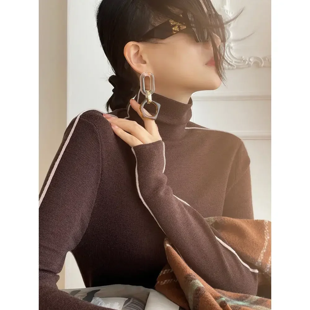 Slim Fit Women Sweaters Long Sleeve Patchwork Knitted Tops Autumn Winter Korean Turtleneck Sweater Fashion Y2K Pullovers Clothes