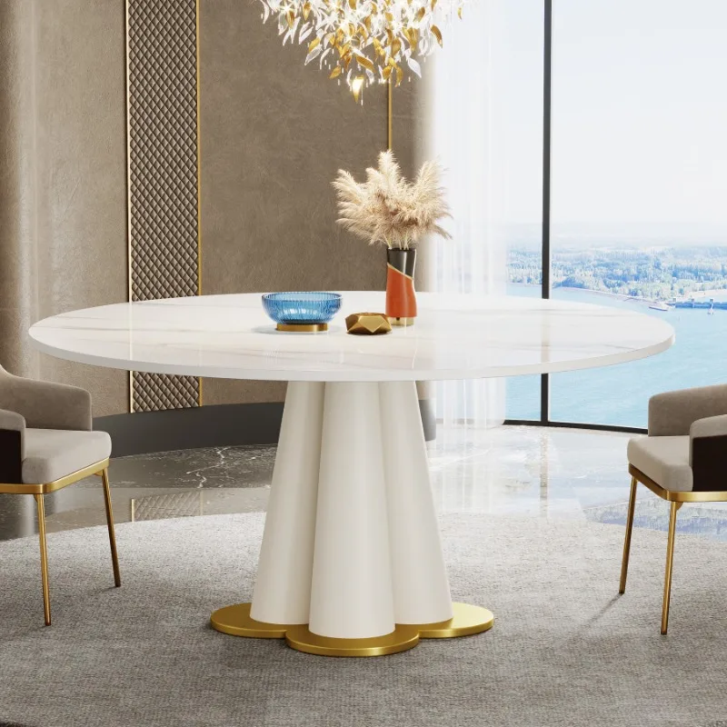 

Dining table rock slab panel round household marble light luxury living room dining table hotel table
