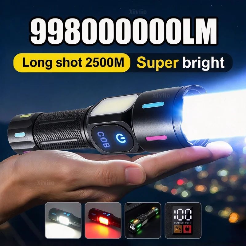 998000000LM LED Flashlight Rechargeable High Lumens Magnetic Torch COB Work Light Zoomable Flashlight Glow Strips Camping Hiking