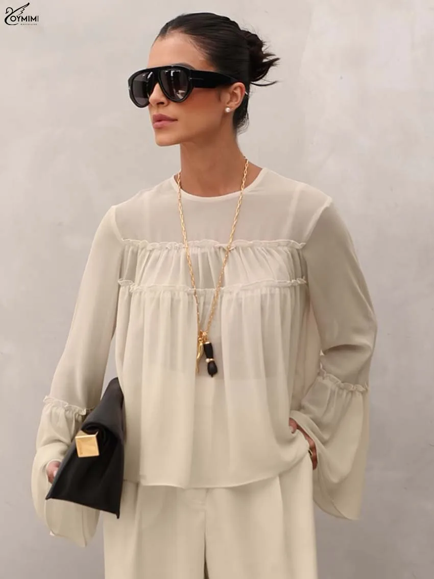 

Oymimi Fashion Khaki Loose Woman Blouses Autumn O-Neck Petal Sleeve Translucent Blouses Casual Pleated Solid Blouse Streetwear
