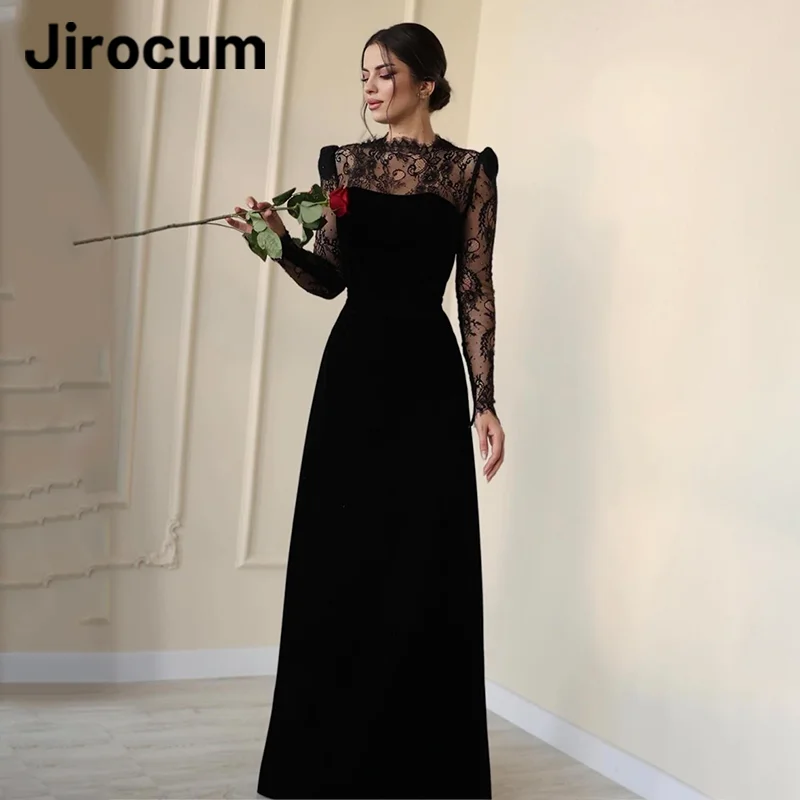 Jirocum Sexy Black Lace Prom Dress Women's High Neck Long Sleeve customized Evening Gown Floor Length Formal Occasion Dresses