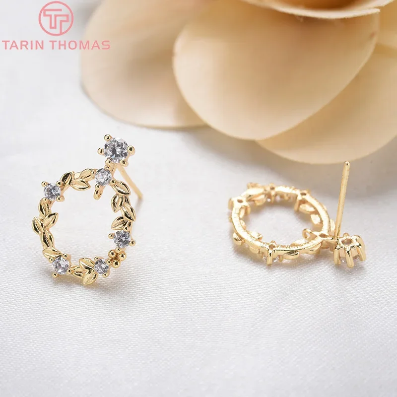 (2643)6PCS 12x17MM 24K Gold Color Brass with Zircon Leaf Leaves Flower Stud Earrings High Quality DiyJewelry Findings Accessorie