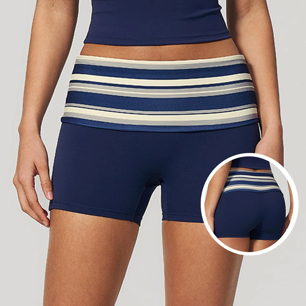 Fitness Shorts Women High Waist Yoga Shorts Fold Over Waist Stripe Polka Dot Butt Lifting Squat Proof Gym Push Up Workout Shorts