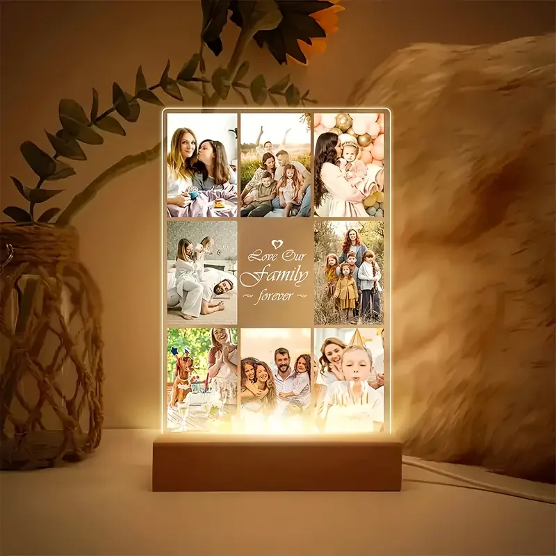 

Customizable 8 Photos Acrylic 3D Light Plaque Family Warm Display Picture Frame With Wooden Base Ideal Memorial Couples Gift