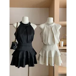 Korean Elegant Satin 2 Piece Dress Set Women  Sleeveless Y2k Crop Tops + Mini Skirt Female Even Party Black Dress Suits Vintage