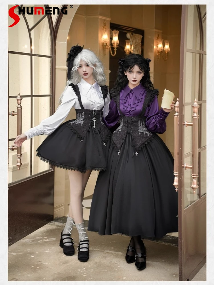 

Elegant Retro Gothic High Waist Lace-up Slim A-line Strap Skirts Sweet Versatile Vintage Lolita Black Long Skirt Women Summer