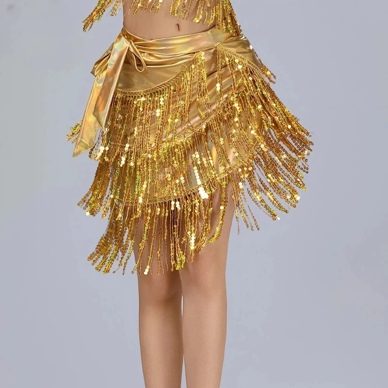 New Latin Dance Waist Chain Shake Towel Dance Sequined Fringed Hip Towel Belly Dance Fringed Towel Skirt Patent Leather