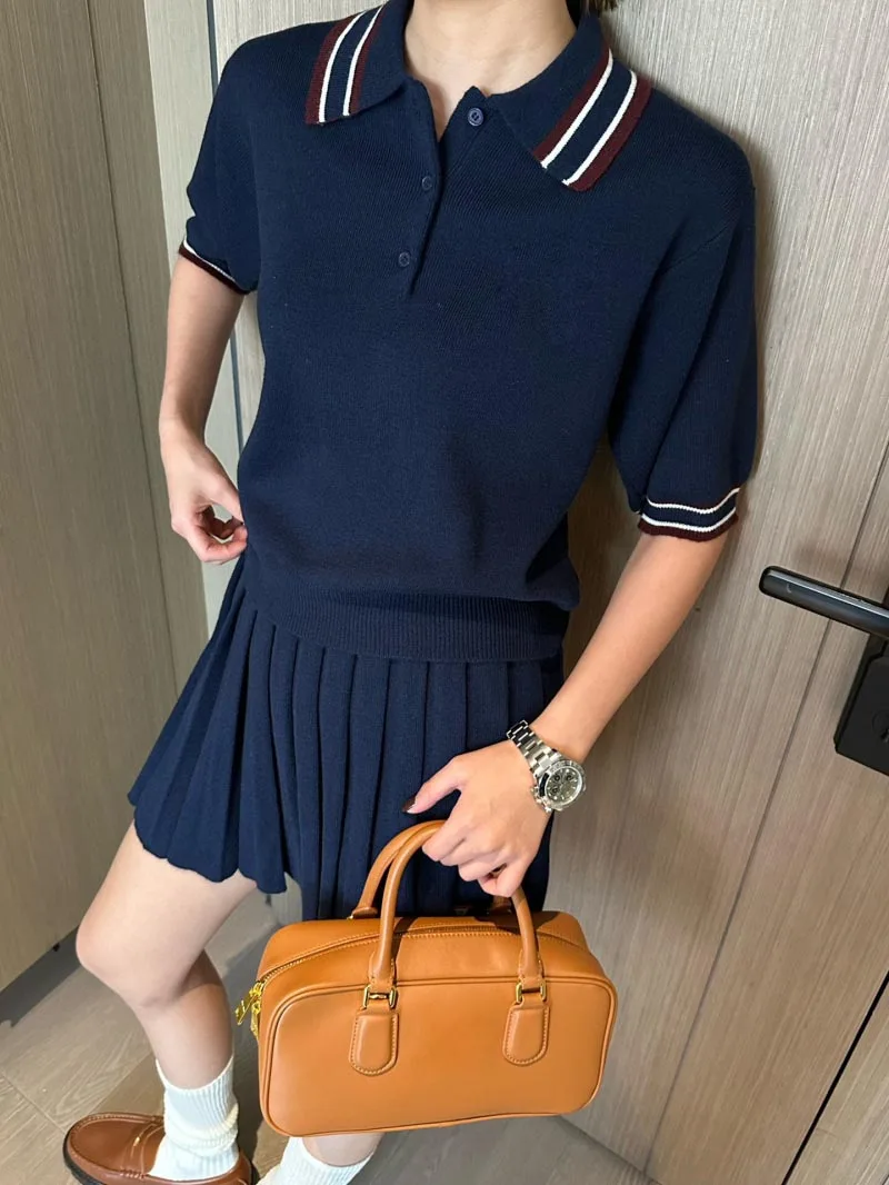 2024 Autumn New Women's Polo Shirt Fashion and Exquisite College Style Knitted Top+Wrinkled Knitted Half Skirt