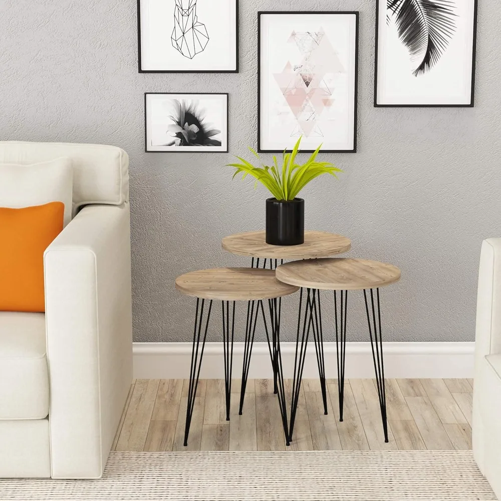مجموعة طاولات متداخلة من خشب الصنوبر - 3 طاولات جانبية مستديرة قابلة للتكديس باللون الرمادي مع أرجل معدنية لمسات غرفة المعيشة #3
